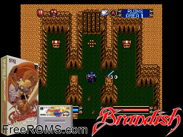 Brandish SNES game showing 3D box cover and gameplay screenshot