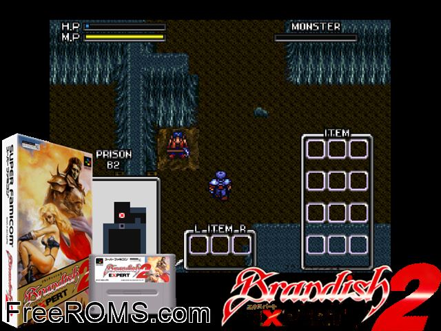 Brandish 2 - The Planet Buster SNES game showing 3D box cover and gameplay screenshot