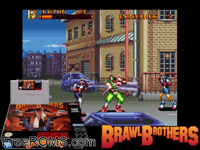 Brawl Brothers SNES game showing 3D box cover and gameplay screenshot