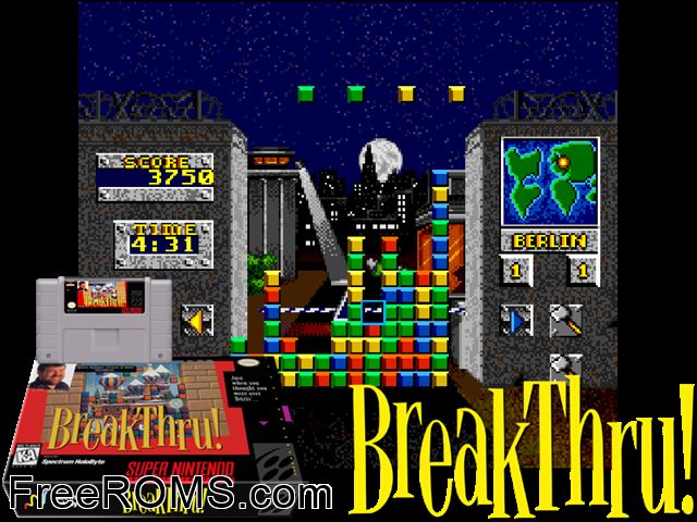BreakThru! SNES game showing 3D box cover and gameplay screenshot