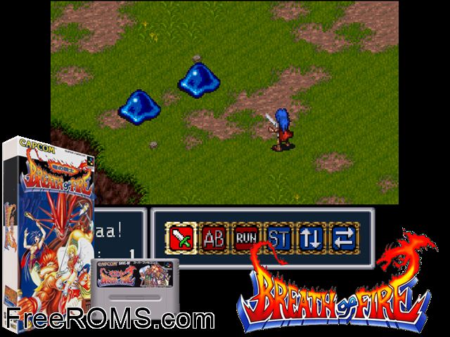 Breath of Fire SNES game showing 3D box cover and gameplay screenshot