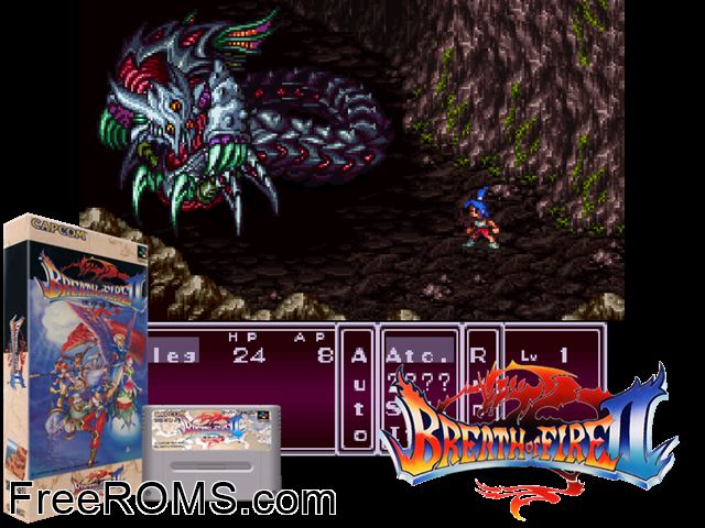 Breath of Fire II SNES game showing 3D box cover and gameplay screenshot