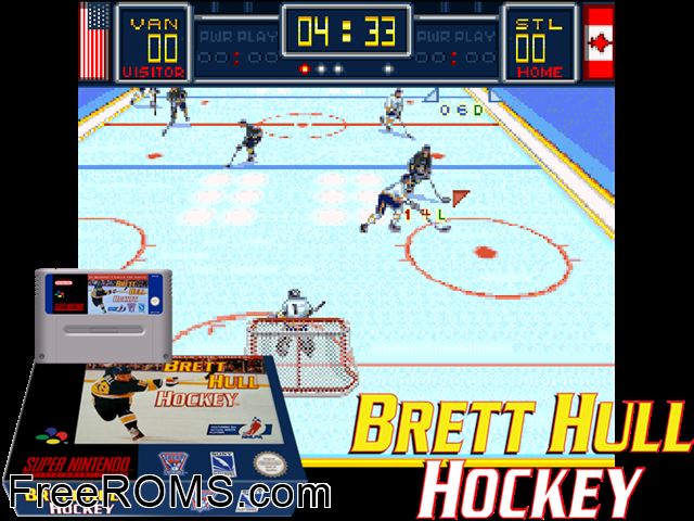 Brett Hull Hockey SNES game showing 3D box cover and gameplay screenshot