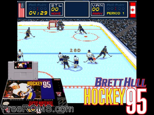 Brett Hull Hockey '95 SNES game showing 3D box cover and gameplay screenshot