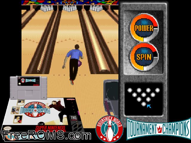 Brunswick World Tournament of Champions SNES game showing 3D box cover and gameplay screenshot