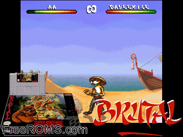 Brutal - Paws of Fury SNES game showing 3D box cover and gameplay screenshot