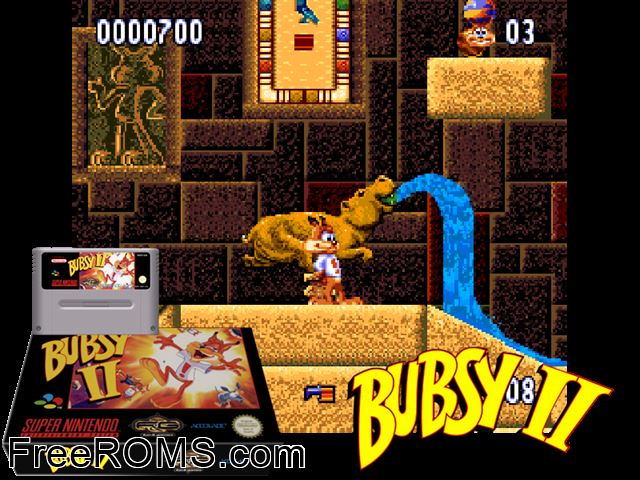 Bubsy II SNES game showing 3D box cover and gameplay screenshot
