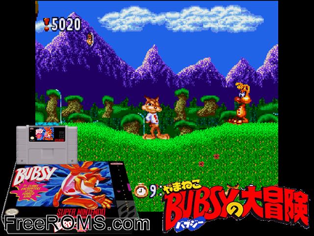 Bubsy in Claws Encounters of the Furred Kind SNES game showing 3D box cover and gameplay screenshot