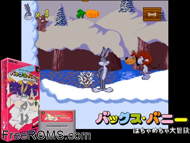 Bugs Bunny - Rabbit Rampage SNES game showing 3D box cover and gameplay screenshot