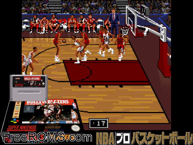 Bulls Vs Blazers and the NBA Playoffs SNES game showing 3D box cover and gameplay screenshot