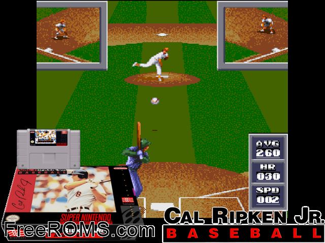 Cal Ripken Jr. Baseball SNES game showing 3D box cover and gameplay screenshot