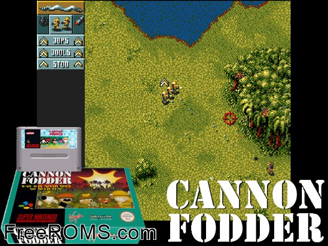 Cannon Fodder SNES game showing 3D box cover and gameplay screenshot