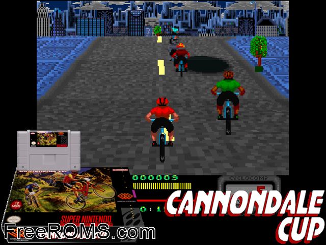 Cannondale Cup SNES game showing 3D box cover and gameplay screenshot
