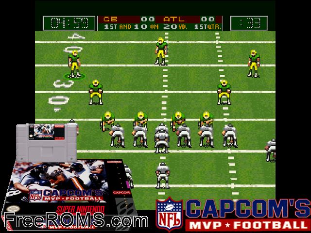 Capcom's MVP Football SNES game showing 3D box cover and gameplay screenshot