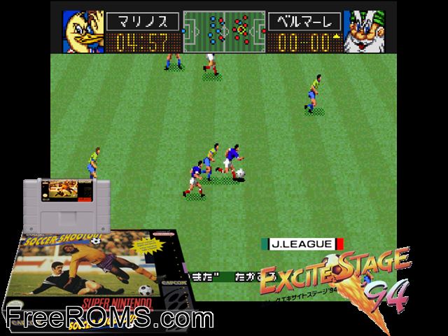 Capcom's Soccer Shootout SNES game showing 3D box cover and gameplay screenshot