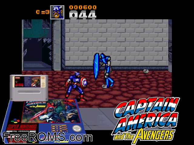 Captain America and The Avengers SNES game showing 3D box cover and gameplay screenshot