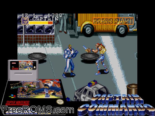 Captain Commando SNES game showing 3D box cover and gameplay screenshot
