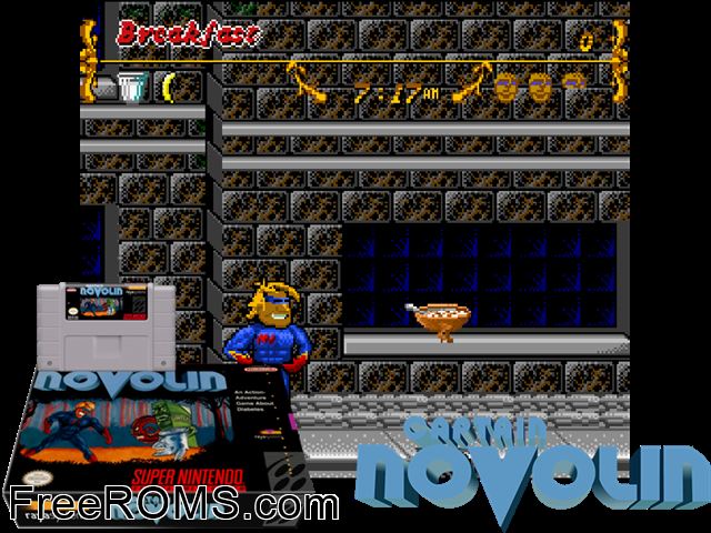 Captain Novolin SNES game showing 3D box cover and gameplay screenshot