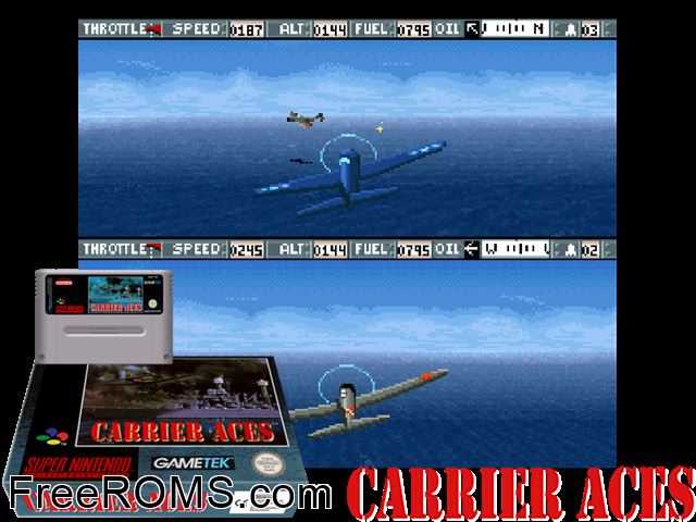 Carrier Aces SNES game showing 3D box cover and gameplay screenshot