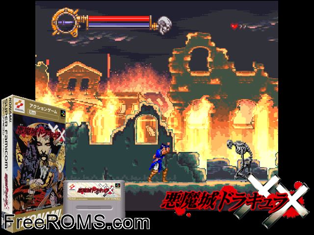 Castlevania - Dracula X SNES game showing 3D box cover and gameplay screenshot