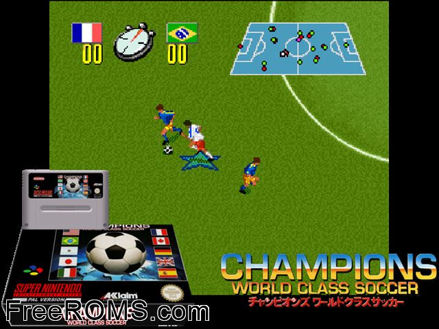 Champions World Class Soccer SNES game showing 3D box cover and gameplay screenshot