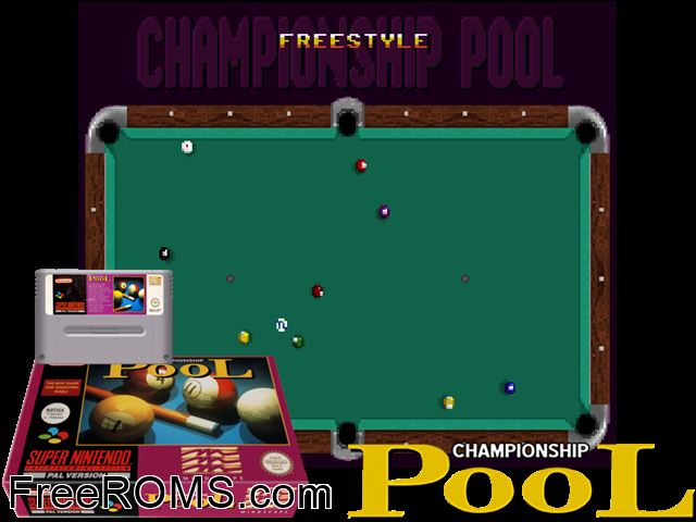 Championship Pool SNES game showing 3D box cover and gameplay screenshot