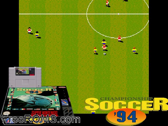 Championship Soccer '94 SNES game showing 3D box cover and gameplay screenshot