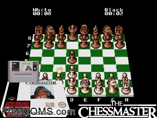 Chessmaster, The SNES game showing 3D box cover and gameplay screenshot