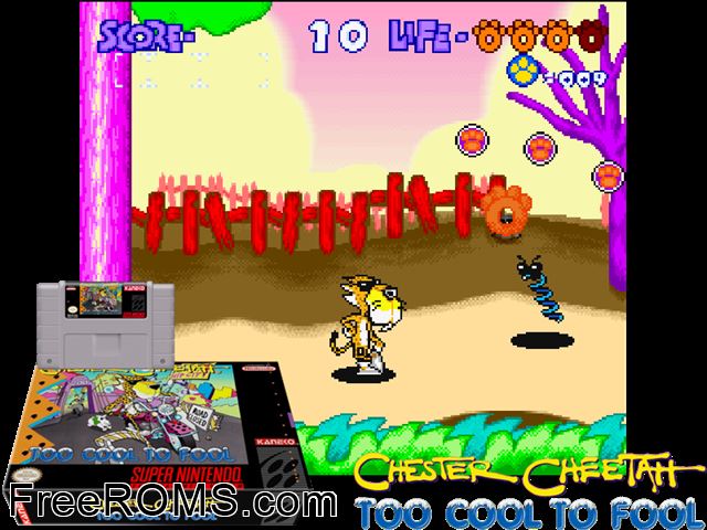 Chester Cheetah - Too Cool to Fool SNES game showing 3D box cover and gameplay screenshot