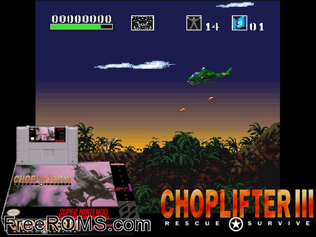 Choplifter III SNES game showing 3D box cover and gameplay screenshot