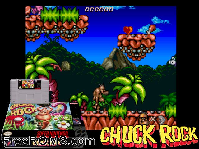 Chuck Rock SNES game showing 3D box cover and gameplay screenshot