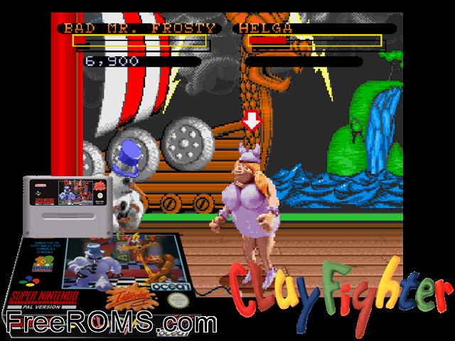 Clay Fighter SNES game showing 3D box cover and gameplay screenshot