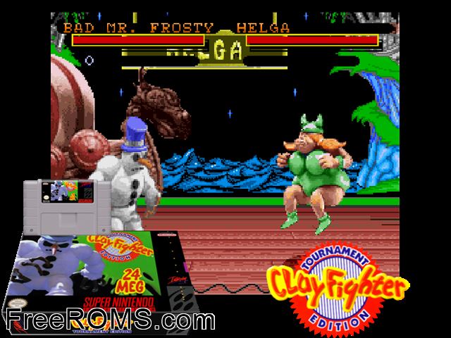 Clay Fighter - Tournament Edition SNES game showing 3D box cover and gameplay screenshot