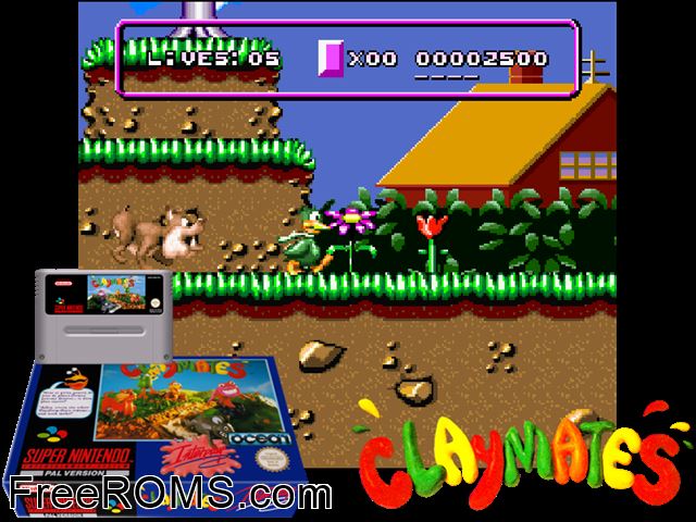 Claymates SNES game showing 3D box cover and gameplay screenshot