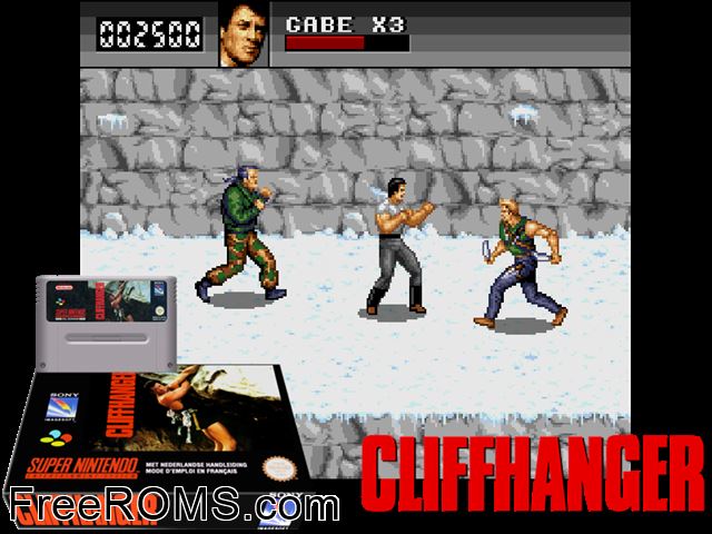 Cliffhanger SNES game showing 3D box cover and gameplay screenshot