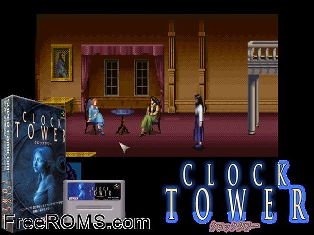 Clock Tower SNES game showing 3D box cover and gameplay screenshot