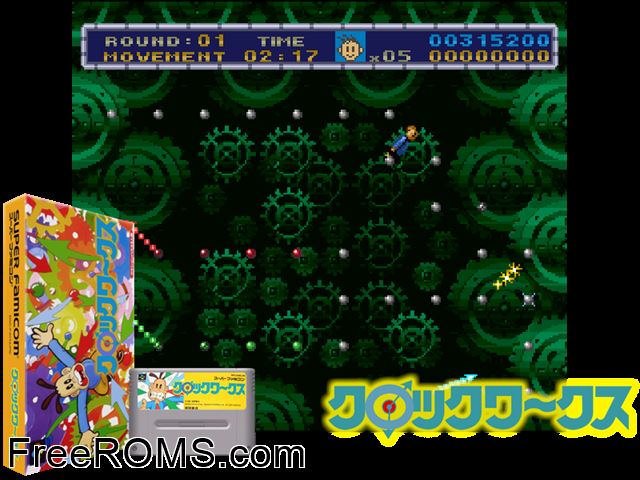 Clock Works SNES game showing 3D box cover and gameplay screenshot