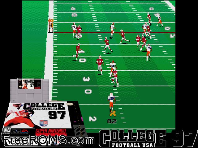 College Football USA '97 - The Road to New Orleans SNES game showing 3D box cover and gameplay screenshot