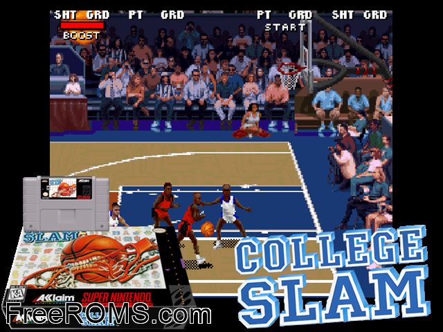 College Slam Basketball SNES game showing 3D box cover and gameplay screenshot
