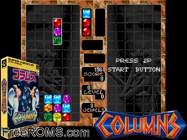 Columns SNES game showing 3D box cover and gameplay screenshot