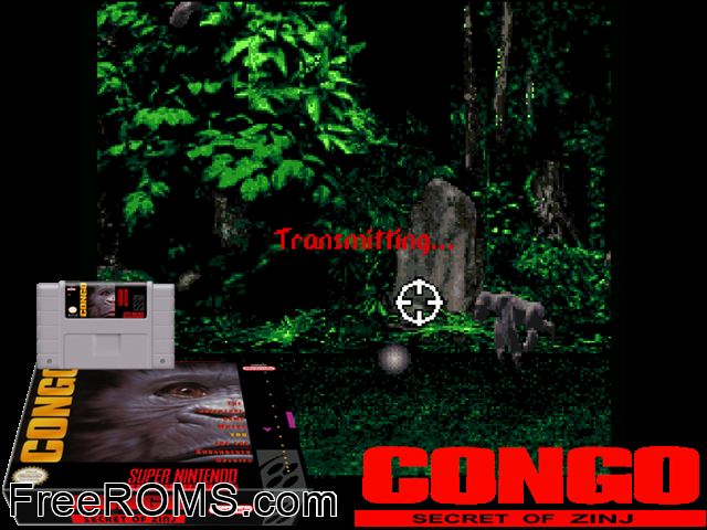 Congo The Movie - Secret of Zinj SNES game showing 3D box cover and gameplay screenshot