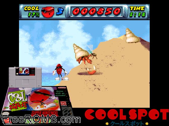 Cool Spot SNES game showing 3D box cover and gameplay screenshot