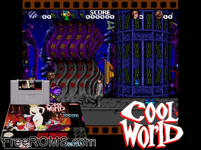 Cool World SNES game showing 3D box cover and gameplay screenshot