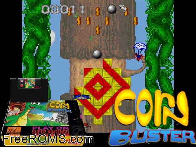 Corn Buster SNES game showing 3D box cover and gameplay screenshot