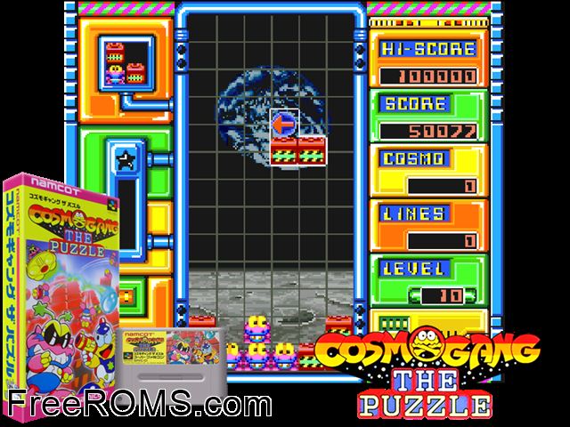 Cosmo Gang - The Puzzle SNES game showing 3D box cover and gameplay screenshot