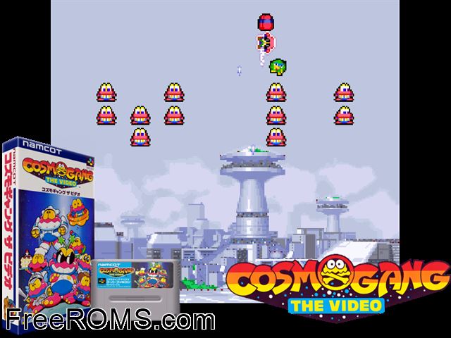 Cosmo Gang - The Video SNES game showing 3D box cover and gameplay screenshot