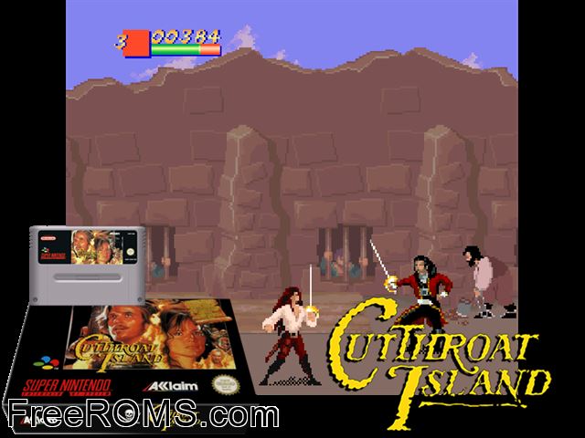 Cutthroat Island SNES game showing 3D box cover and gameplay screenshot