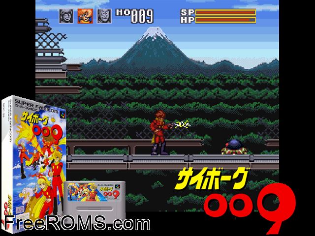 Cyborg 009 SNES game showing 3D box cover and gameplay screenshot