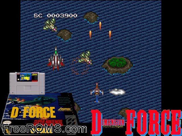 D-Force SNES game showing 3D box cover and gameplay screenshot