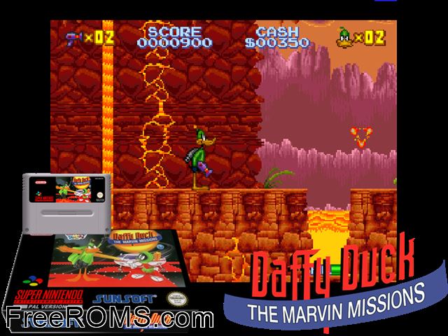 Daffy Duck - The Marvin Missions SNES game showing 3D box cover and gameplay screenshot
